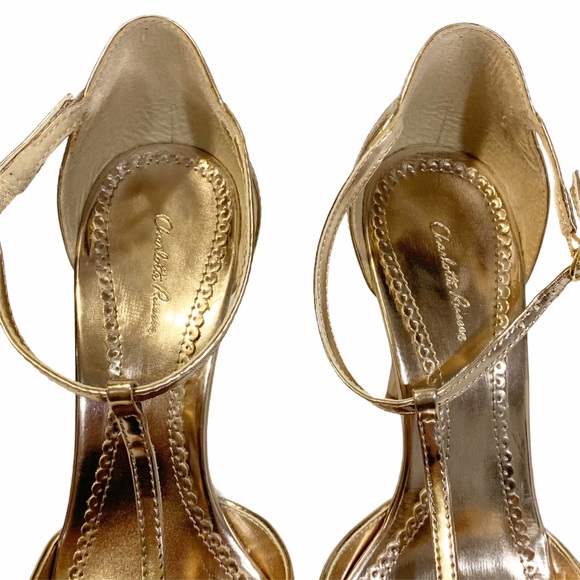 Charlotte Russe Gold Sequin T Trap Heels 9 - Picture 3 of 6